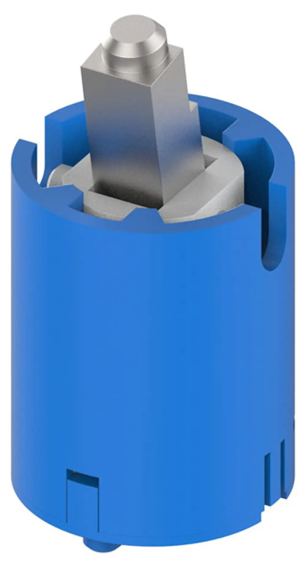 Mischwasserkartusche in blauer Farbe, hergestellt von Keuco, mit einem zentralen, silbernen Auslass und seitlichen Kerben. Eignet sich als Ersatzteil.